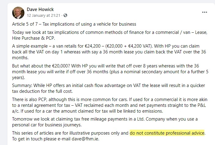 Dave Howick Facebook post with professional advice disclaimer highlighted