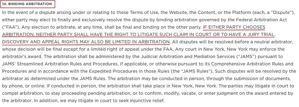 Food52 Terms of Use: Binding Arbitration clause