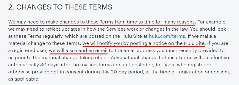 Hulu Terms and Conditions: Changes to These Terms clause