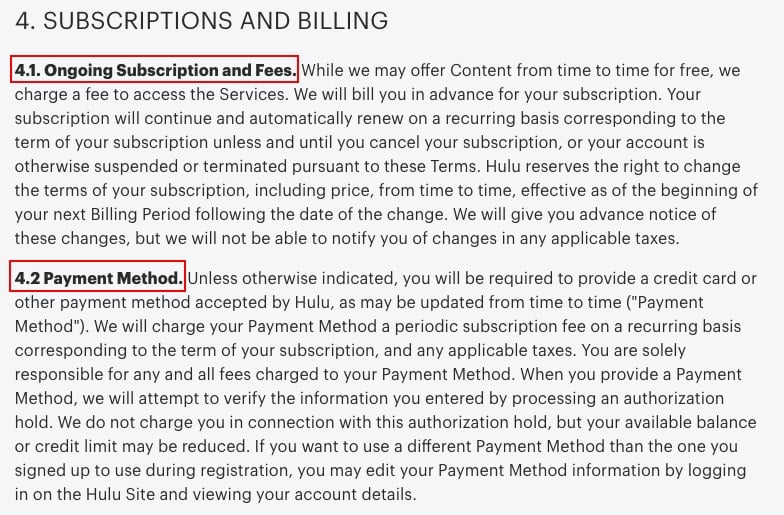 Hulu Terms and Conditions: Subscription and Billing clause excerpt