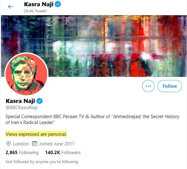 Kasra Naji Twitter account with views expressed are personal disclaimer highlighted