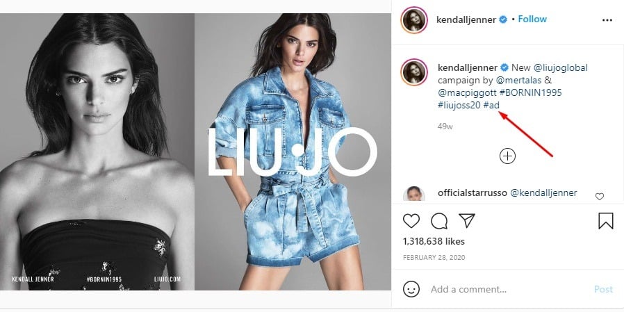 Kendall Jenner Instagram post with Ad hashtag highlighted