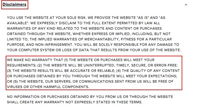 Lulus Terms of Service: Disclaimers clause