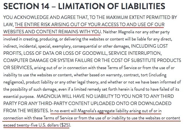 Magnolia Terms of Service: Limitation of Liability clause