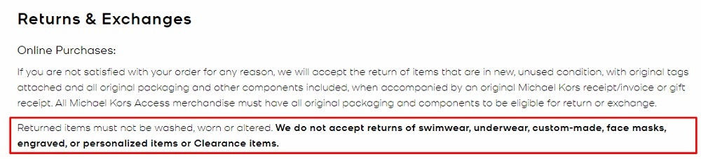 Michael Kors Returns and Exchanges: Online Purchases - Conditions for returns section highlighted