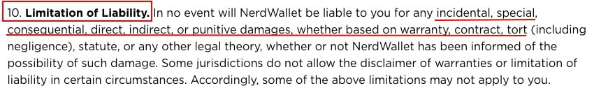 NerdWallet Terms of Use: Limitation of Liability clause