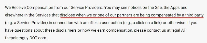 The Points Guy Terms of Use: We Receive Compensation from our Service Providers clause