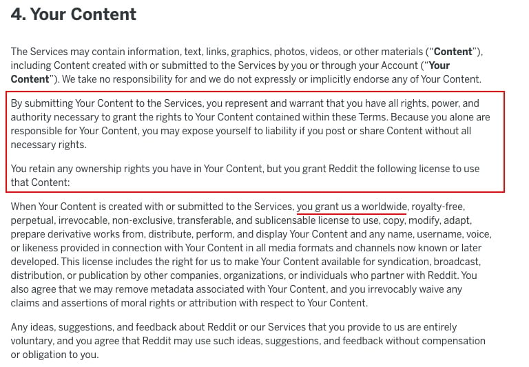 reddit User Agreement: Your Content clause excerpt