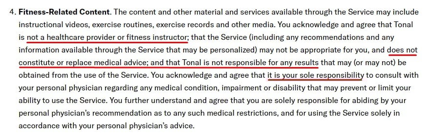 Tonal Terms of Service: Fitness-Related Content clause