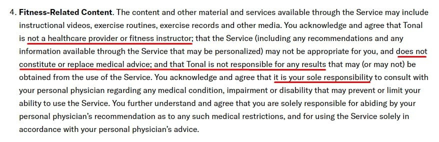 Tonal Terms of Service: Fitness-Related Content clause