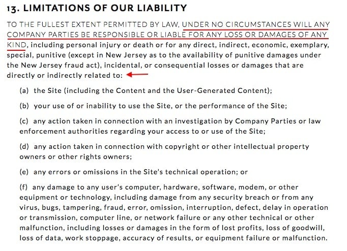 White House Black Market Terms of Agreement: Limitations of our Liability clause