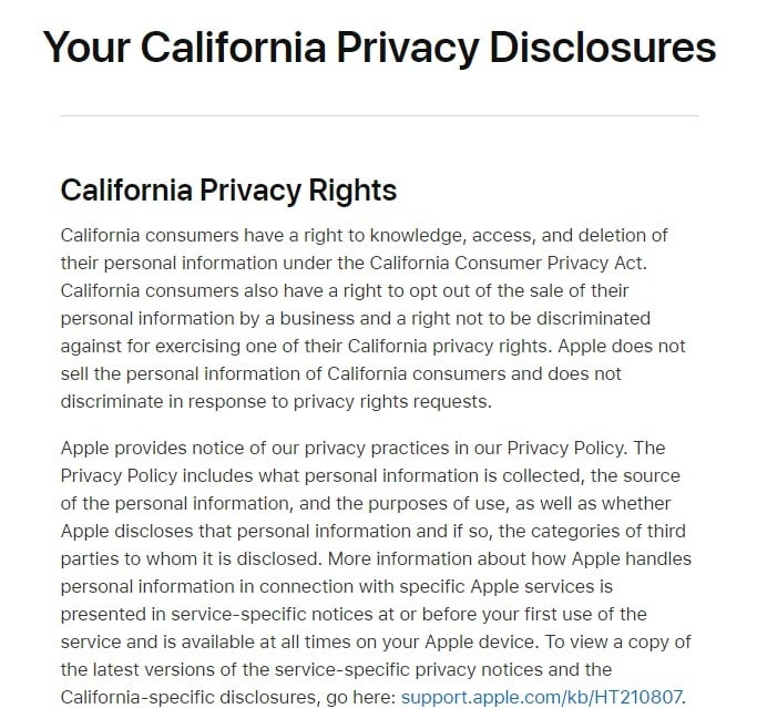 Apple California Privacy Disclosures: California Privacy Rights clause