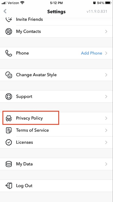 Bitmoji app Settings menu with Privacy Policy link highlighted