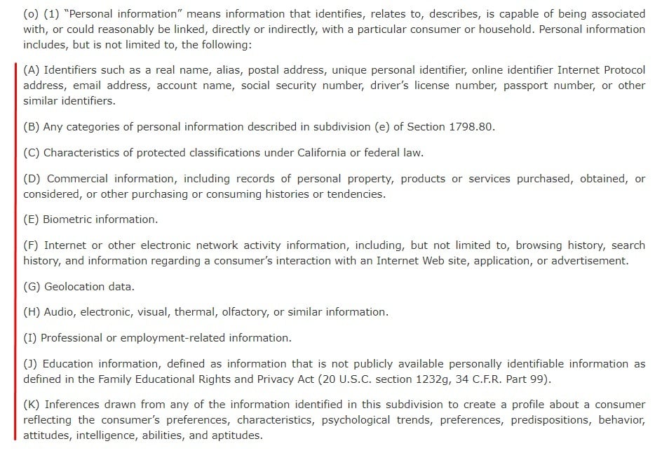 California Legislative Information - CPRA - Categories of Personal Information section