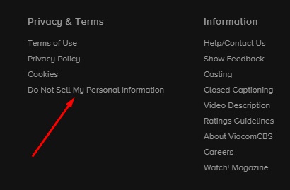 CBS website footer with Do Not Sell My Personal Information link highlighted