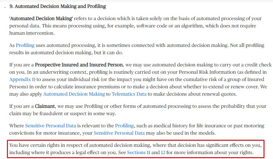 Chubb Master Privacy Policy: Automated Decision Making and Profiling clause