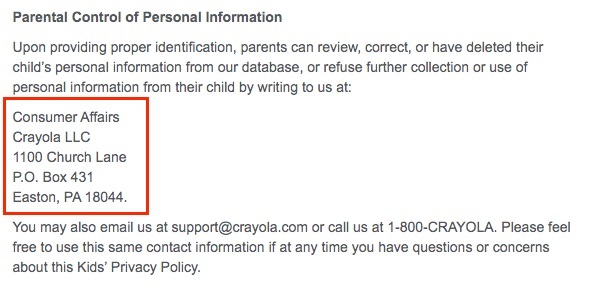 Crayola Privacy Policy: Parental Control of Personal Information - Contact clause