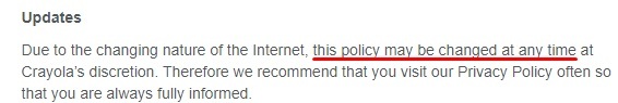 Crayola Privacy Policy: Updates clause