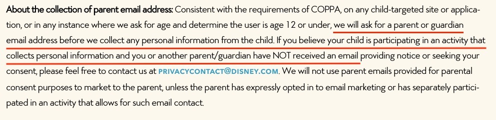 Disney Children's Privacy Policy: About the Collection of Parent Email Address clause