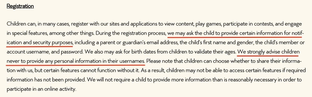 Disney Children's Privacy Policy: Registration clause