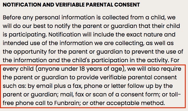Funbrain Privacy Policy: Notification and Verifiable Parental Consent