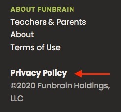 Funbrain website footer with Privacy Policy link highlighted