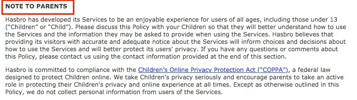 Hasbro Privacy Policy: Note to Parents clause