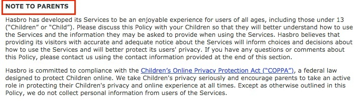 Hasbro Privacy Policy: Note to Parents clause