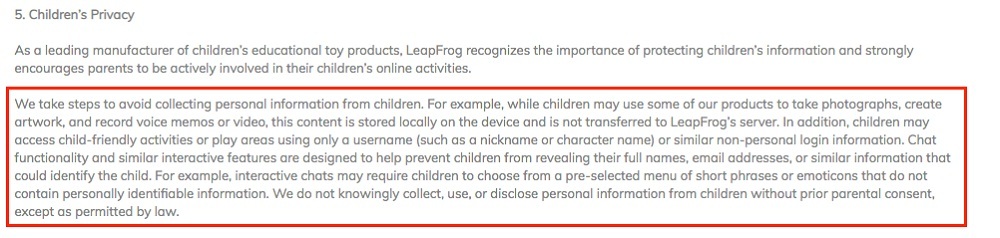 LeapFrog Privacy Policy: Children's Privacy clause