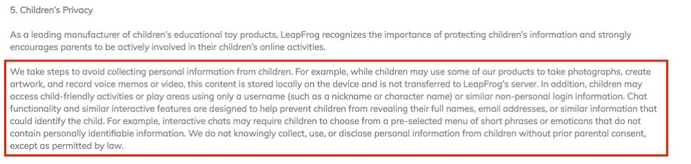 LeapFrog Privacy Policy: Children's Privacy clause