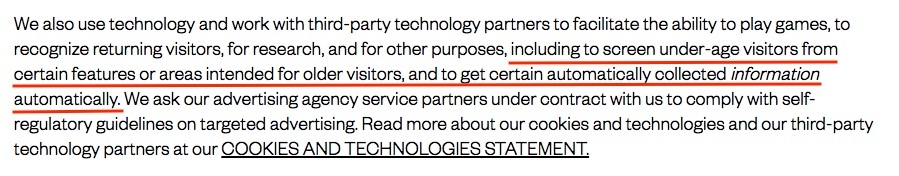 Mattel Children's Privacy Statement: Technology, third party partners and cookies clause