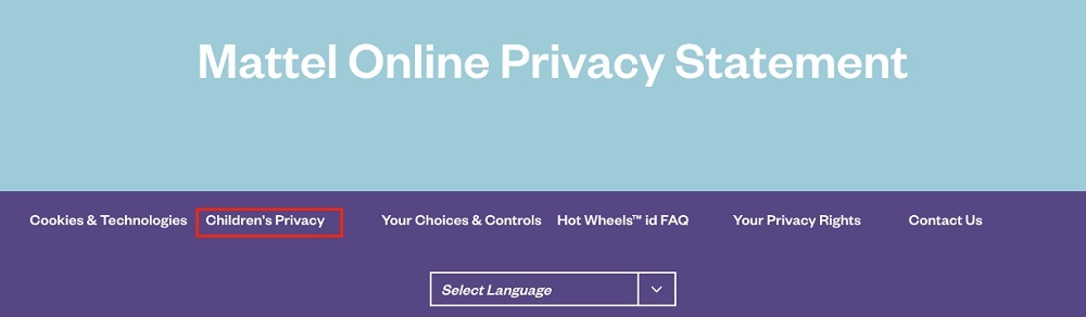 Mattel Online Privacy Statement header with Children's Privacy link highlighted