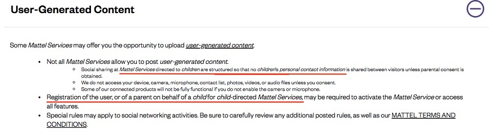 Mattel Privacy Policy: User-Generated Content clause