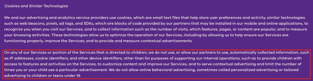 Nickelodeon Privacy Policy for Family and Kids: Cookies and Similar Technologies clause