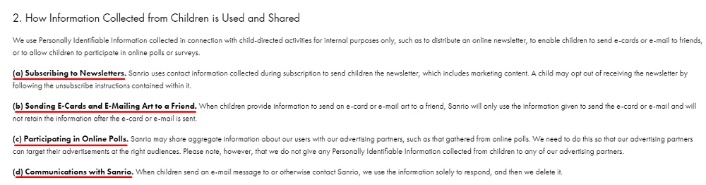 Sanrio Children's Privacy Policy: How Information Collected from Children is Used and Shared clause excerpt