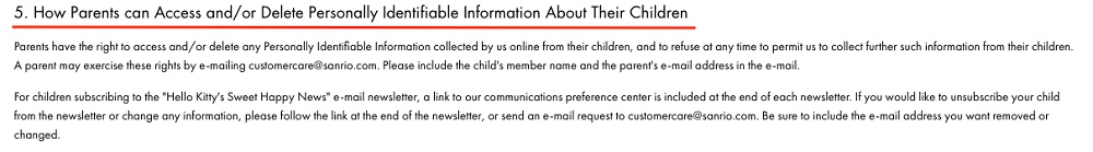 Sanrio Children's Privacy Policy: How Parents can Access and or Delete Personally Identifiable Information About Their Children clause