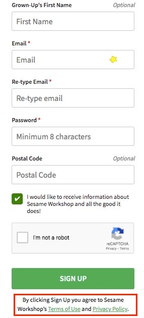 Sesame Street account sign-up form with legal links highlighted
