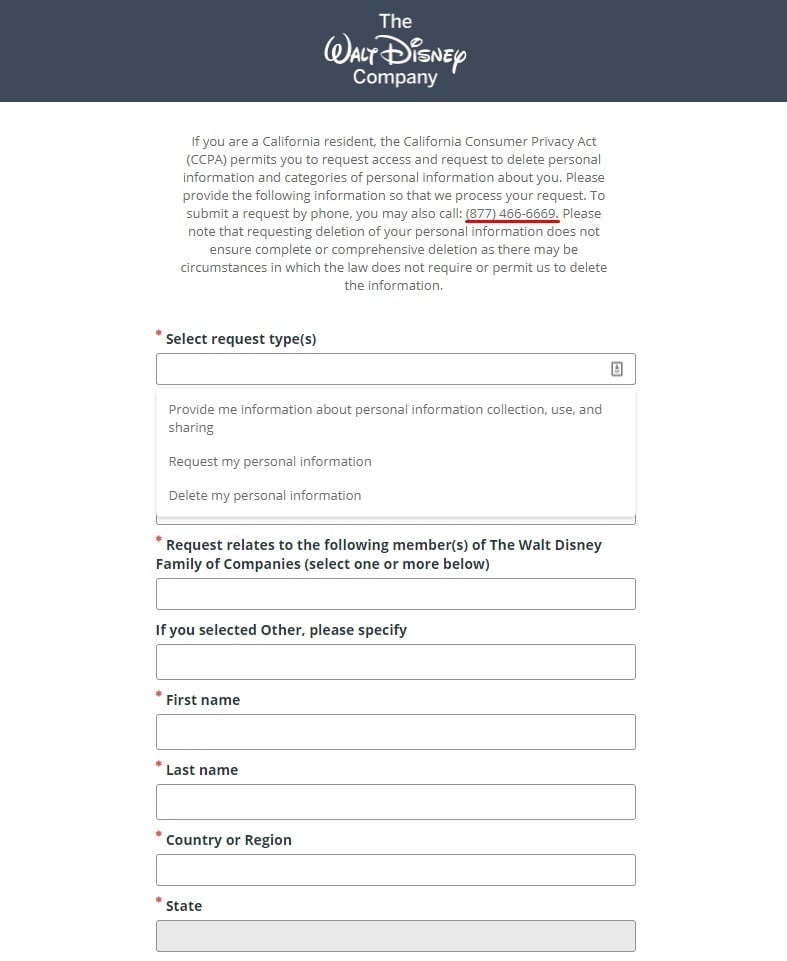 Walt Disney CCPA Access and delete personal information form