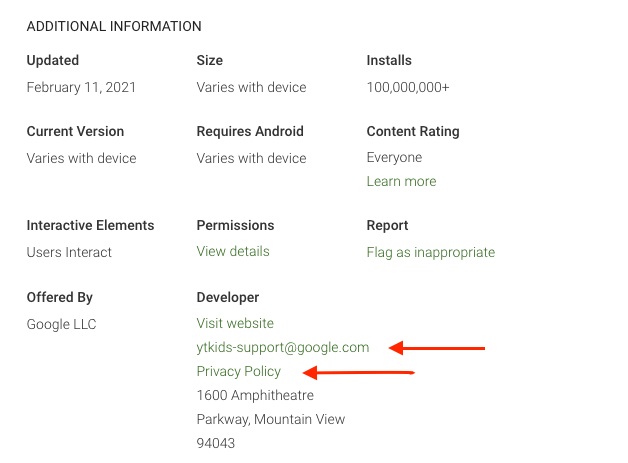 YouTube Kids Google Play Store listing with Privacy Policy and contact email highlighted