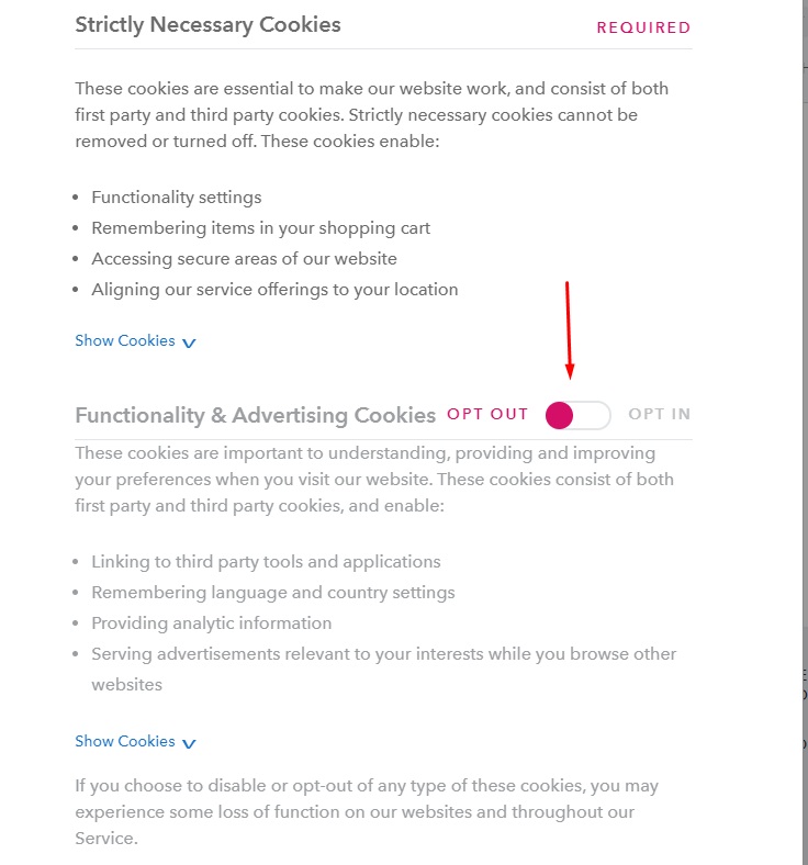 23andMe Cookie Consent Notice with opt in and opt out button highlighted