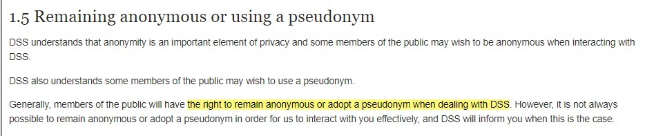 Australia Department of Social Services Privacy Policy: Remaining anonymous or using a pseudonym clause