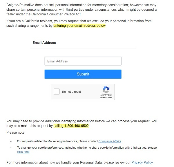 Screenshot of Colgate-Palmolive Do Not Sell page