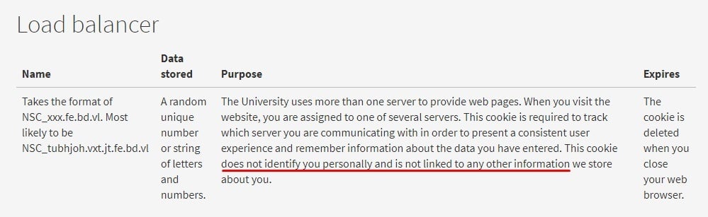 Edinburgh University Strictly Necessary Cookies: Load Balancer section