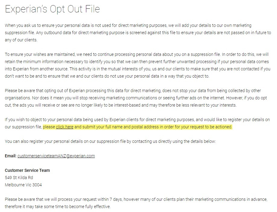 Experian Consumer Rights and Opting Out: Experian's Opt Out File section