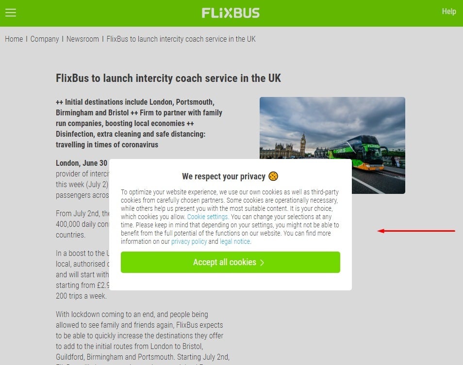 Flixbus Cookie Consent Notice