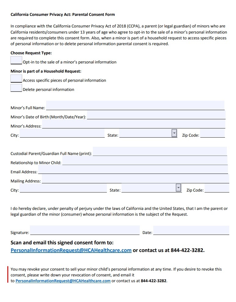 HCA Healthcare CCPA Parental Consent form with Revoke Consent section highlighted