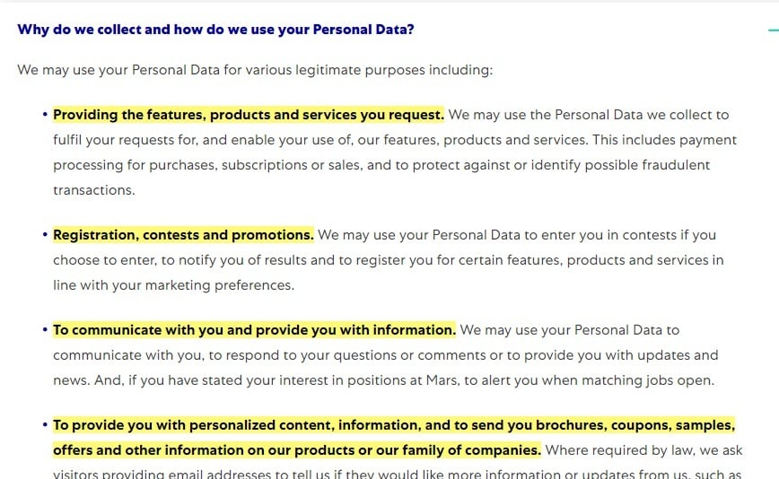 Mars Privacy Policy: Why do we collect and how do we use your Personal Data clause