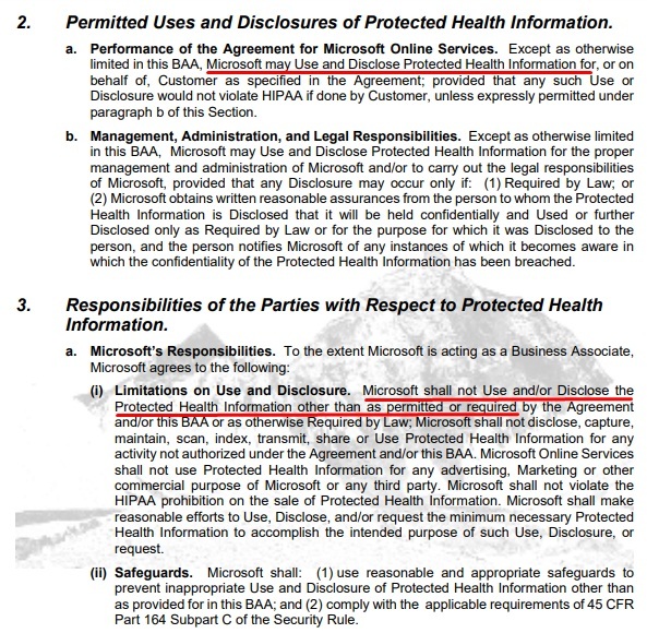 Microsoft HIPAA Business Associate Agreement: Permitted Uses and Disclosures of Protected Health Information section and excerpt of Responsibilities of the Parties section