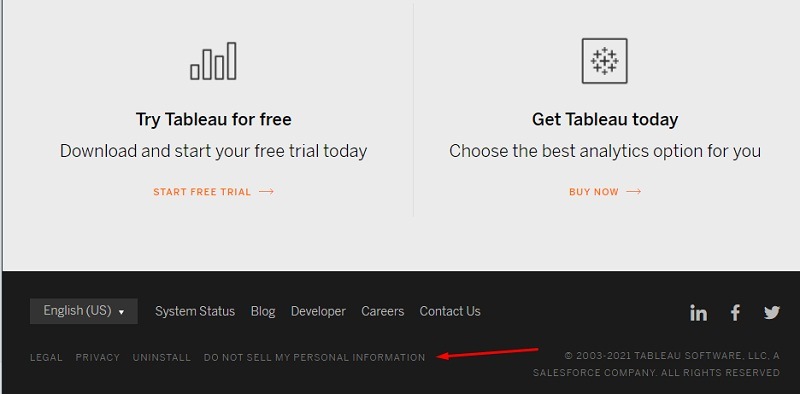 Tableau website footer with Do Not Sell link highlighted