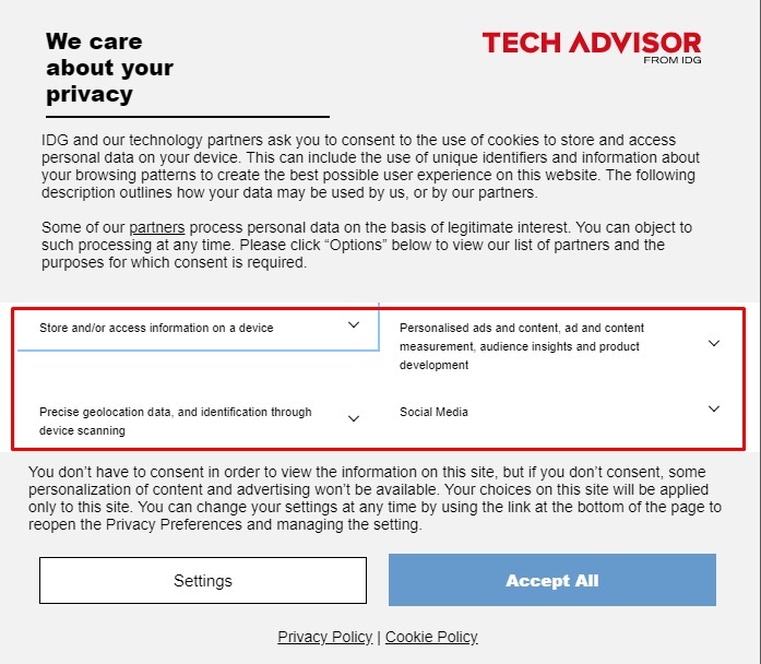 Tech Advisor Cookie Consent Notice with Options highlighted